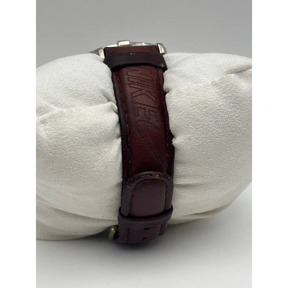 Vintage Nike Air Made in USA Watch Brown Leather Strap 5268K Silver Gold Tone